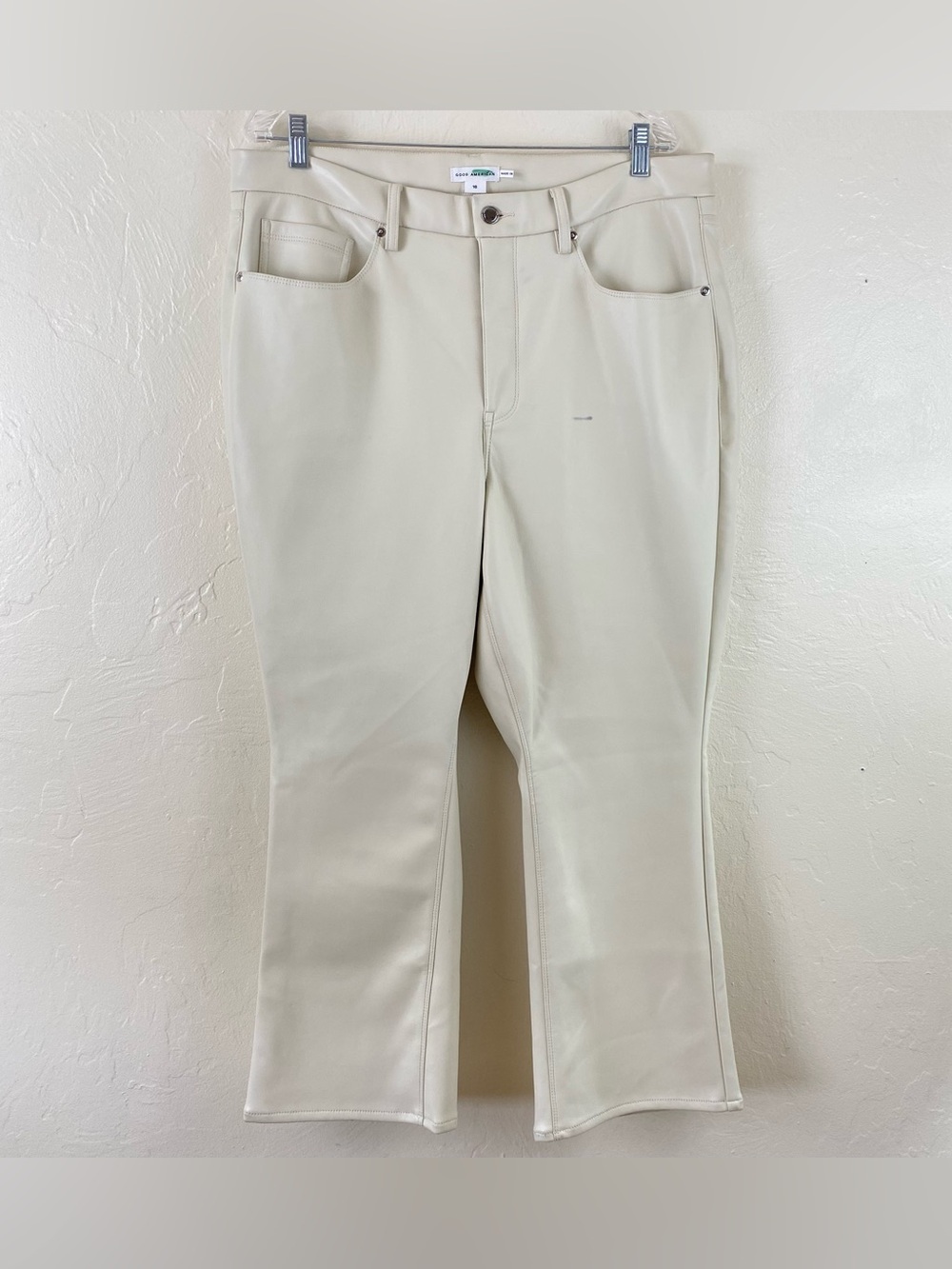 Good American Size 16 Ivory Beige Faux Leather High Waisted Straight Leg Trouser